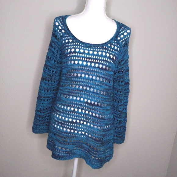 Lucky Brand Teal Crochet Knit Sweater Size Medium - Picture 2 of 7